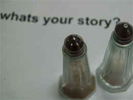salt & pepper shakers with what's your story? text